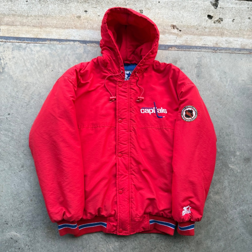 Vintage Starter Washington Capitals NHL Hooded Puffer Jacket Red Mens Medium 90s